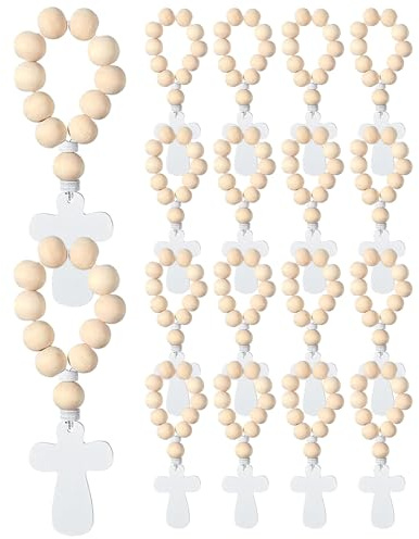 Bemonew Dop Favors 18 st mini radband, katolskt trä radband med korshänge och nät förvaringsväskor för dop bröllop fest
