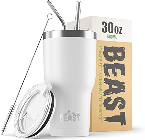 Beast Tumbler - 900 ml (30 oz), White | Reusable Stainless Steel, Vacuum Insulated Cup | with + 2 Straws & Cleaning Brush | Double Wall Travel Flask Perfect for Hot or Iced Coffee | BPA Free