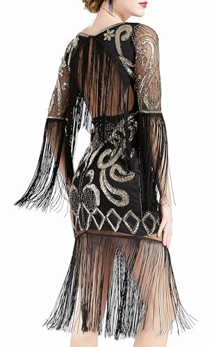 BABEYOND 1920er-Jahre Flapper Kleid, Lange Fransen, Gatsby-Kleid, Goldene 20er-Jahre, Pailletten, Perlen, Vintage-Deco-Kleid, Schwarz, X-Groß