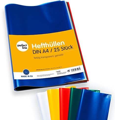 perfect line 25 Hefthüllen DIN-A4, 5 Farben, Heftumschlag transparent genarbt, Heftschoner aus recyclebarem PP, dokumentenecht