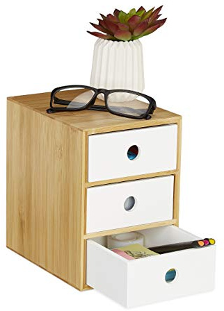 Relaxdays Schreibtisch Organizer, 3 Schubfächer, Bambus & MDF, Aufbewahrungsbox Büro, HxBxT: 21 x 15.1 x 20 cm, weiß, 1 Stück
