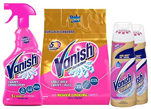 Vanish Carpet Cleaning Bundle Pack - 2 Count (Pack of 2) - 500ml Spray, 650g Powder, 2x200ml Gel - Raspberry Scent - Powerful Stain Removal for Carpets & Upholstery