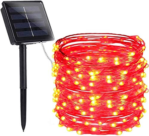 Kingcoo - Luci solari per esterni, impermeabili, 33 m, 100 LED, a energia solare, 8 modalità, in rame, per giardino, cortile, casa, Natale, festa di nozze, decorazione (rosso)
