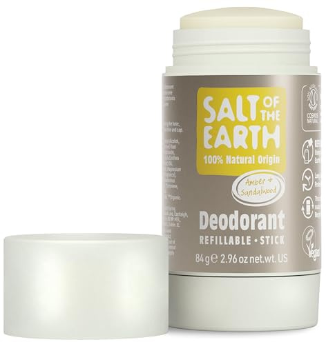 Salt Of the Earth Natural Deodorant Stick, Amber & Sandalwood - Aluminium Free, Vegan, Long Lasting Protection, Refillable, Leaping Bunny Approved, Made in The UK - 84g