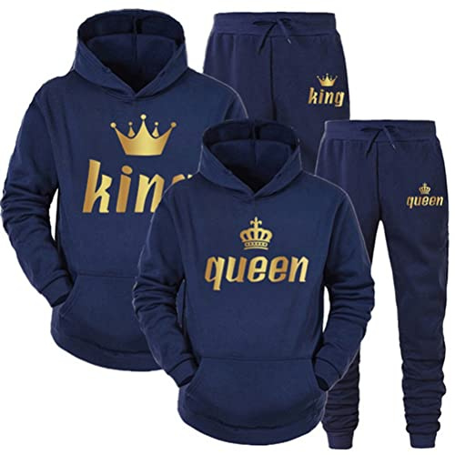 Minetom Pärchen Sportanzug King Queen Pullover Kapuzenpullover Hoodie Valentinstag Liebespaar Couple Damen Herren Jogginganzug Oberteile und Hose Set für Paare