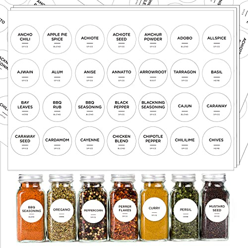 140 Spice Jar Labels Preprinted, Prefdo Minimalist Black Text on White Round Seasoning Stickers with Names for Herb and Spice Rack Organization(Waterproof)