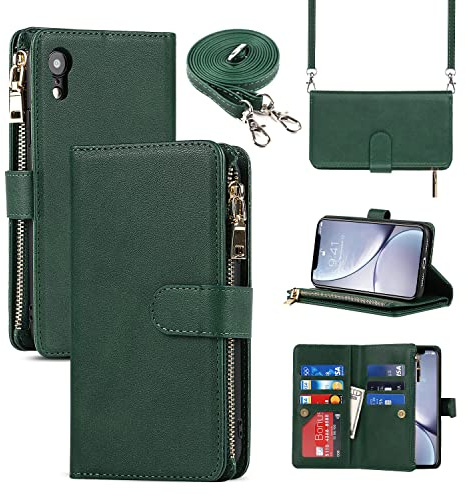 CAVOR Handykette Handyhülle kompatibel mit iPhone XR Hülle Mit Band,Flip Leder Geldbörse Hülle Mit Kette,[9 Kartenfach][Doppelte Schnalle],Umhängeband Klapphülle Handytasche - Dunkelgrün