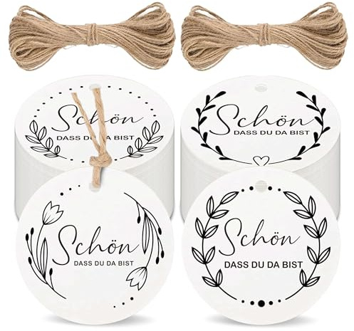 BIROYAL SCHÖN DASS DU DA BIST Geschenkanhänger - 100 Stück Kärtchen zum Beschriften - 4 Verschiedene Designs Geschenkanhänger Etiketten Rund mit 20m Schnur - Geschenk Anhänger für Hochzeit Handwerk