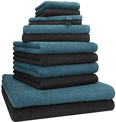 Betz Handtuch Set 12-teilig – 2 Duschtücher 70×140 cm, 4 Handtücher 50×100 cm, 2 Gästetücher 30×50 cm, 2 Seiftücher 30×30 cm & 2 Waschhandschuhe, 100% Baumwolle Oeko-TEX® Graphit/Taubenblau Berlin