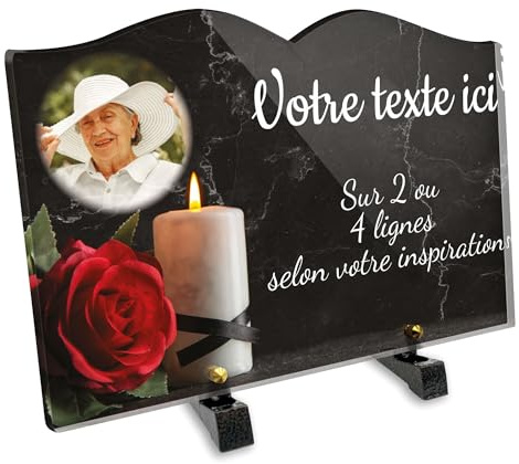 Plaque funéraire Livre avec Photo Personnalisable en plexi Motif Bougie et Rose Rouge, différentes Tailles, épaisseur 6mm, personnalisée sur Plusieurs Lignes 30x20 cm