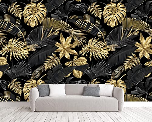 Fototapete 3D Tapete Schwarzes Goldenes Bananenblatt Fototapete 3D Effekt Wandtapete Vliestapete Wandbilder XXL Wanddeko Tapeten