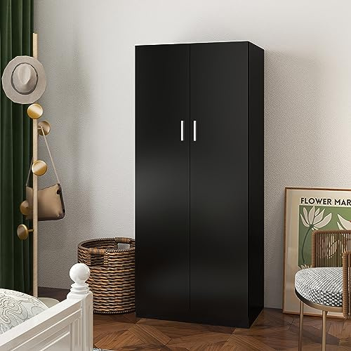 Panana Wooden 2 Door Wardrobe with Shelf and Hanging Rail Modern Clothes Storage Cupboards Unit for Bedroom Furniture W 72 x D 49 x H 169 cm (Black)