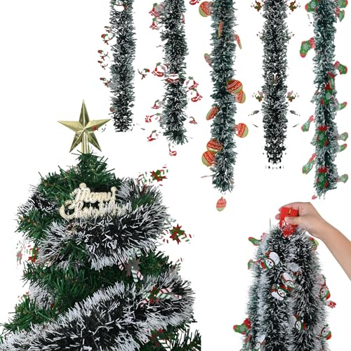 MILAIUN Weihnachtsbaum Lametta Girlande, 5 x 2M Weihnachtsgirlande Dunkelgrün, Tannengirland Girlande Weihnachten, Weihnachtsgirlande Hängende Dekoration für Haus Treppen Kamin Innen Außen