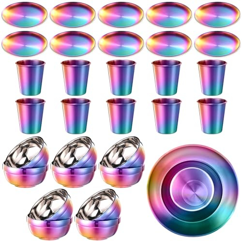 Layhit 30-teiliges Regenbogen-Geschirr-Set aus Edelstahl, Set mit 10 Tellern, Schüsseln, Tassen, schillerndem Kochgeschirr, wiederverwendbares Metallgeschirr, Besteck, Großpackung für Camping,