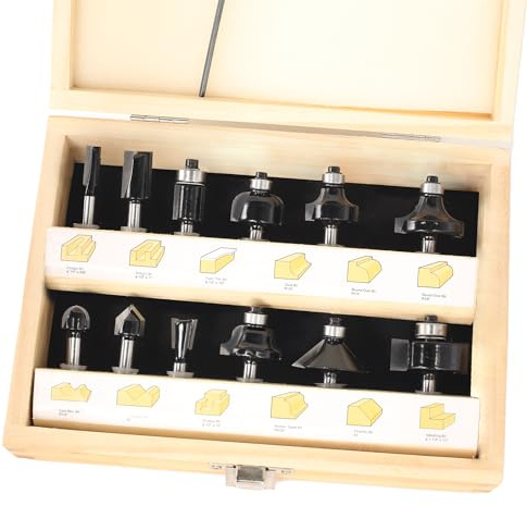 Akylin Juego de 12 brocas de enrutador con vástago de 1/4 pulgadas – Brocas de enrutador con punta de carburo de tungsteno K10, cortadores de enrutador con funda de madera de transporte + llave