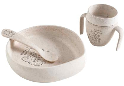 Skandino Kinder Geschirrset (Teller, Becher, Löffel) aus Biomaterialien, ergonomisch, nachhaltig, BPA-frei, ohne Melamin, spülmaschinen- und mikrowellengeeignet (Bär)
