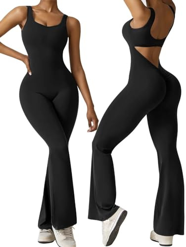 Vertvie Mono Deportivo Mujer Ajustado Jumpsuit Cuello en U Elásticos Body Overol Sexy Mono Yoga Romper Una Pieza de Punto Acanalado para Fitness Yoga Danza（Negro XS）