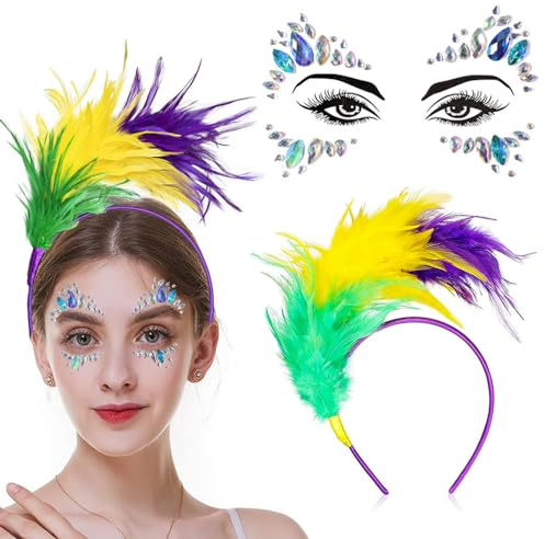 boocooberg Haarreif Karneval,Festival Glitzer Gesicht,Kopfschmuck+Glitzersteine Gesicht,Regenbogen KostüM,Papagei KostüM,Glitzersteine Selbstklebend,Karneval Bachelorette Party ZubehöR (Style 1)