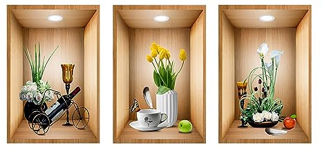 3D Wandaufkleber Vase, 3 Stück Vasen Wandtattoo, Grüne Pflanzen Selbstklebend Wandsticker Wandbilder, Wandabziehbilder Wanddeko für Wohnzimmer, Schlafzimmer, Bad, Küche, Büro (30x45cm A)