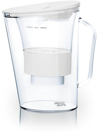Wasserfilter Kanne Aqualita - mit Erinnerungsfunktion Smartphone-App - 2,5 Liter- Filter zur Reduzierung von Kalk, Chlor, Blei, Kupfer, Pestizide & Herbizide im Wasser - bianco di puro ® - Weiss