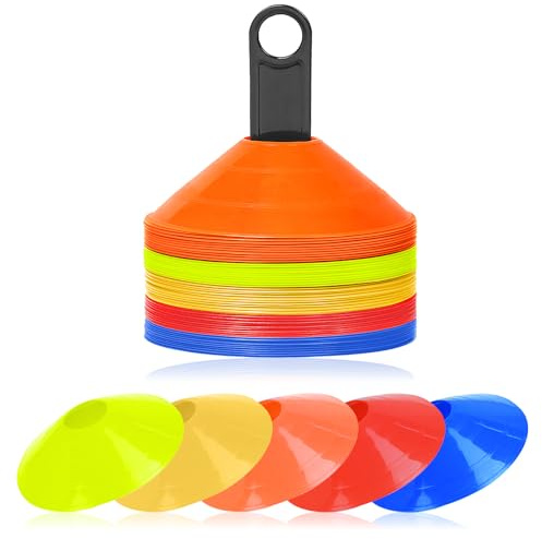 FIVMEN Hütchen Fussball Markierungshütchen 50 Stücke Trainingshütchen Fußball mit Ständer Trainingszubehör für Eislaufen Hockey Leichtathletik Koordinationstraining