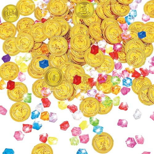Catelves Goldmünzen Piratenschatz Set 150 Stück,50 Piraten Goldmünzen und 100 Edelsteine für Kinder, Goldtaler Piratenschatz, Goldmünzen Kinder, für Schatzkiste Kindergeburtstag, Piratenparty
