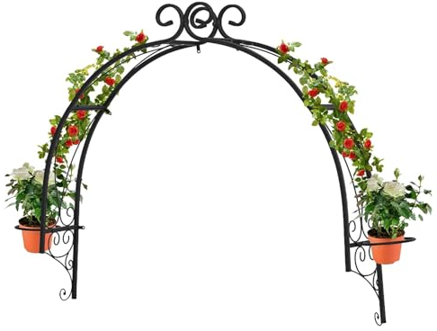 Gartenbogen mit 2 Pflanzringen Wandmontage Rosenbogen Rankbogen aus Metall Torbogen Rankhilfe für Kletterpflanzen Rankgitter für Fenster Türen Eingang 100 x 20 x 90cm