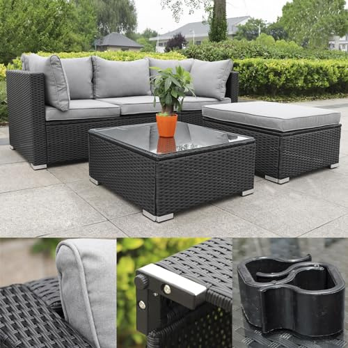 Calma Lux® Gartenmöbel Lounge Set| 3-7 Personen viele Modelle| inkl. extra Dicke Kissen | Outdoor Loungemöbel Sitzgruppe Essgruppe Garnitur | klassisch Schwarz (Bali)