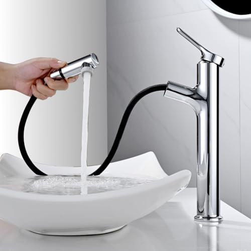 DETBOM Rubinetto Bagno Alto con Doccetta Estraibile a 2 Modalità, Miscelatore Lavabo, Rubinetti Monocomando, Adatto Lavabo da Appoggio, Aeratore Rimovibile, Acqua Calda/Fredda, Senza Piombo, Cromato