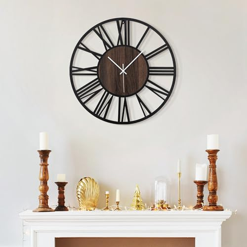 HAITANG Runde Wanduhr, schwarz, 34 cm, für Wohnzimmer, Dekoration, Vintage-Stil, römische Ziffern, geräuschlos, Nicht tickend, Hängeuhren für Zuhause, Garten, Büro, Café Dekoration