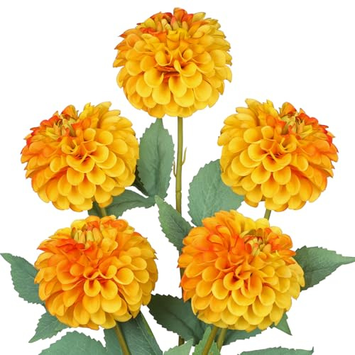 Hollyone 5 Stück Künstliche Dahlien Orange Kunstblumen Zweige Frühling, Dahlie Blumenarrangement Biegbar Gefälschte Blume Seidenblume für Vase Tischdeko Hochzeit Heimdekoration
