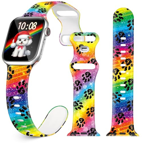 Dog Paw Watch Band for Apple Watch, Silicone rainbow Animal Paw Printed Strap Replacement for iWatch 1 2 3 4 5 6 7 8 9 10 Ultra 38 40 41 42 44 45 46 49mm