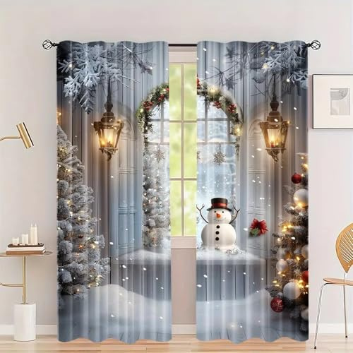 BSYYZQC Weihnachten Vorhang Verdunkelung, Ösenvorhang Schneemann Verdunklungsvorhänge Geräuschreduzierend, Polyester Anti-Fade Gardinen für Schlafzimmer 2er Set 260x140cm (HxB)