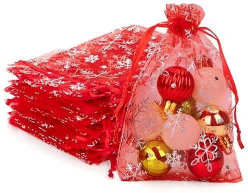 Yesaler Sacs en Organza Flocon de Neige Noël Sacs en Organza avec Cordon de Serrage pour la Décoration de Cadeaux 100 Pièces Rouge 10x15cm