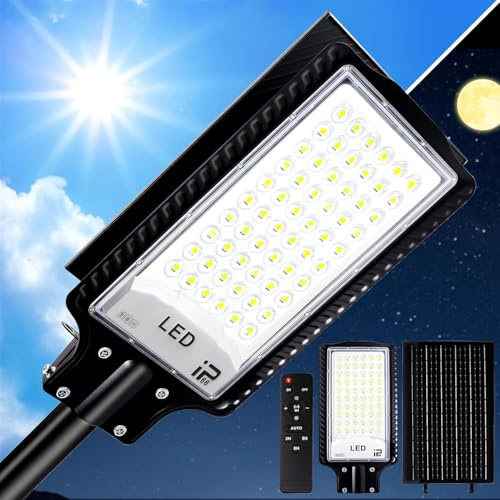Farola LED Solar con Mando a Distancia, 10000LM solar, IP65 Impermeable, 6500K exterior, Temporizador para Patio, Calzadas, Calle