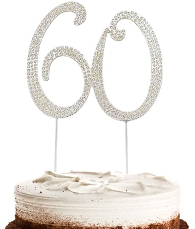 Hugwish Happy 60th Birthday Cake Topper Diamante Silver Bling Rhinestones, Number 60 Anniversary Cake Topper For Women Birthday Party Marriage Anniversary (60 silver)
