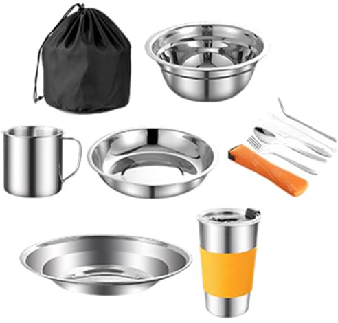 Umllpet Stainless Steel Camping Crockery Set, 10 Pieces with Plate, Bowl, Cup, Fork, Spoon and Cutlery Bag, Camping Cutlery Set, Camping Picnic Cutlery for Outdoor Travel Hiking (Orange)