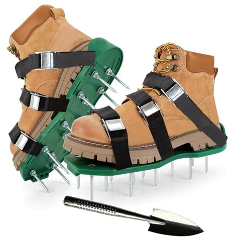 Pabbyeey Nagelschuhe Rasen – Rasenlüfter Schuhe & Rasen lüften Gerät mit 45 mm Nägeln, 6 verstellbaren Riemen & Metallschnallen, inkl. Montageschlüssel und Schaufel – Ideal zum Rasen belüften
