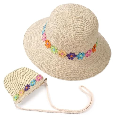 REYOK Cappello da Sole per Ragazze Cappello di Paglia Cappello da Spiaggia Estivo e Mini Set di Borse, Bambino Ragazze da Spiaggia Estivi Fiori Berretto per attività All'aperto (Beige)