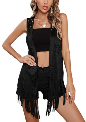 ENSWLIZ Gilet Da Donna Con Nappa, Stile Hippie, Senza Maniche, Con Frange, Aperto Sul Davanti, In Finta Pelle Scamosciata, Stile Western, Cardigan Lungo, B-Nero, L