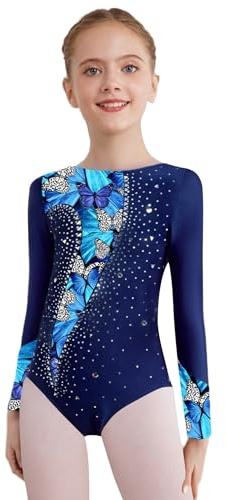 iiniim Mädchen Turnanzug Glitzer Gymnastikanzug Blumendruck Langarm Ballettanzug Gymnastikbody Turntrikot Wettbewerb Tanzkostüm Marine Blau 122-128