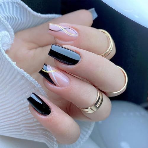 24-Piece Short Coffin False Nails, Black French Tip, Glossy Full Cover | Translucent nude pink with white and gold-coloured curved and crossing lines, for everyday manicures and special events