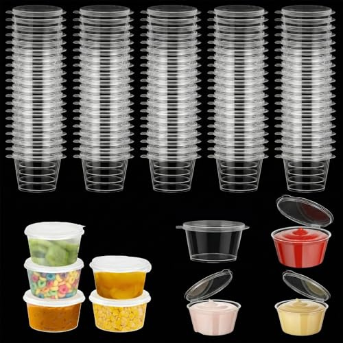 Tidetake 100 Stück Aufbewahrungsdosen mit Deckel 50ml/2oz Saucenbecher Kleine Kunststoffbehälter Frischhaltedosen Dressingbecher Mikrowellenfest Kleine Dosen für Soßen, Dips, Gewürze