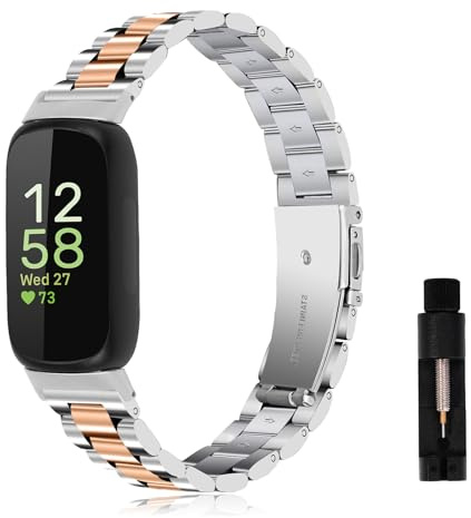 SumRioo Armband kompatibel med Google Fitbit Inspire 3, metall ersättningsarmband i rostfritt stål med regulator för Fitbit Inspire 3 dam och herr, Silver/roséguld, Samtida