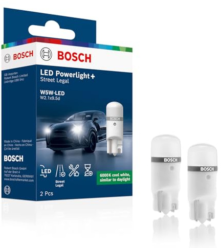 Bosch W5W-Powerlight+ - Nachrüst-LED-Lampen - 12 V, 6000 K, cool-weißes Licht, Plug-and-Play-Upgrade, bis zu 10000 Std. Lebensdauer, 2 Stück
