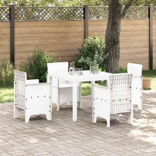 QJBSAVVA Gartenmöbel Set 5-TLG Weiß Poly-Rattan Esstisch mit 4 Stühlen Modernes Balkonmöbel Outdoor Sitzgruppe für Terrasse Garten Kleiner Balkon