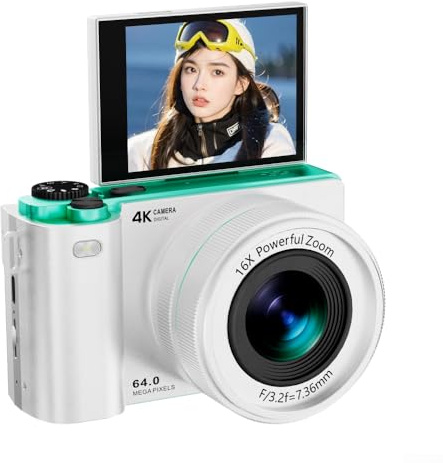 Appareil photo numérique 4K 64 MP, avec zoom numérique 16x, appareil photo compact et enregistreur vidéo vintage pour étudiants, photographie de voyage (blanc 32 Go)