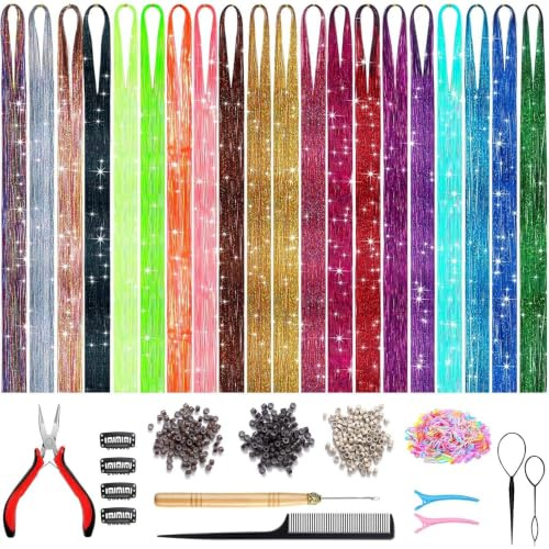 HZXYchen Hair Tinsel Kit, 20 Colors 5200 Strands Fairy Hair Extensions | With Tools for Women, Heat Resistant Glitter Hair for Christmas Party Festival,123cm/48in