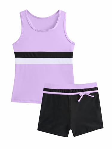 JiAmy flickor 2-delad tankini baddräkt sportig badkläder set, ärmlös racer back top och badshorts, färgblock randig baddräkt för barn 5–12 år, Lila, 6-7 År