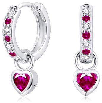 Lynizo Silver Hoop Earrings for Women, 925 Silver Heart Drop Earrings Girls | 12mm Small Hoops Earrings with Green Fuchsia Pink Purple Sapphire Zirconia, Hypoallergenic Sleeper Earrings, Jewelry for Kids